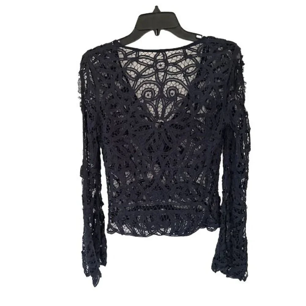 Free People Navy Crochet Lace Blouse Long Sleeves Size XSmall/P